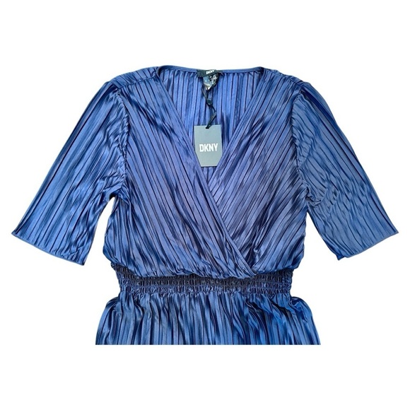 DKNY, NWT, SHIMMERY BLUE, PLEATED MIDI DRESS. SHORT SLEEVE, V-NECK. SIZE 12 - Picture 2 of 5